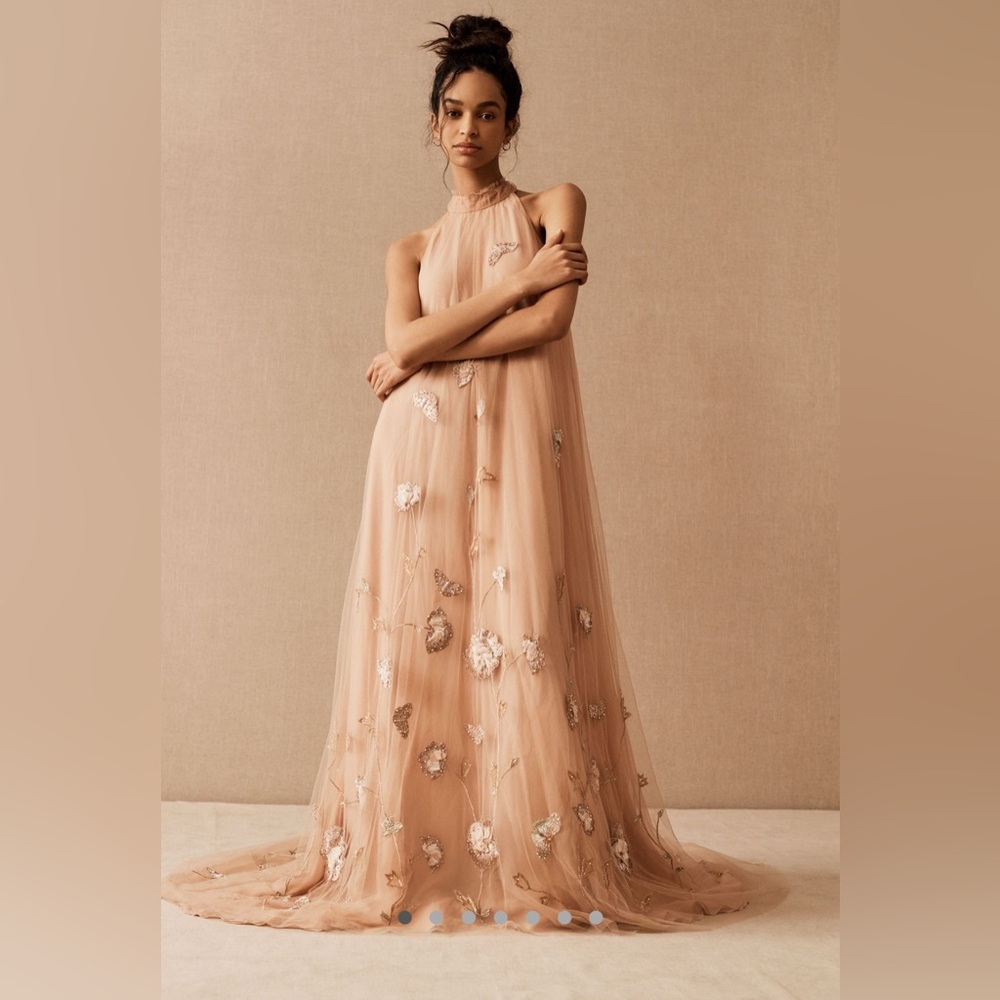 NWOT Anthropologie BHLDN Cordelia Embroidery Beige Pink Maxi Dress Gown Sz 4‎